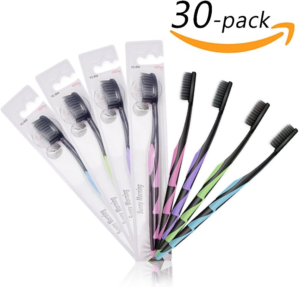 30 Eco-Friendly Soft Charcoal Toothbrushes In Bulk Individually Wrapped for Adult, Medium Bristles - Assorted Color