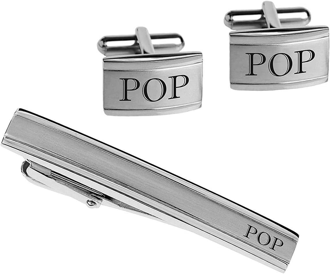 Personalized Silver Stainless Steel Cufflinks & Tie Bar Set Custom Engraved Free - Ships from USA