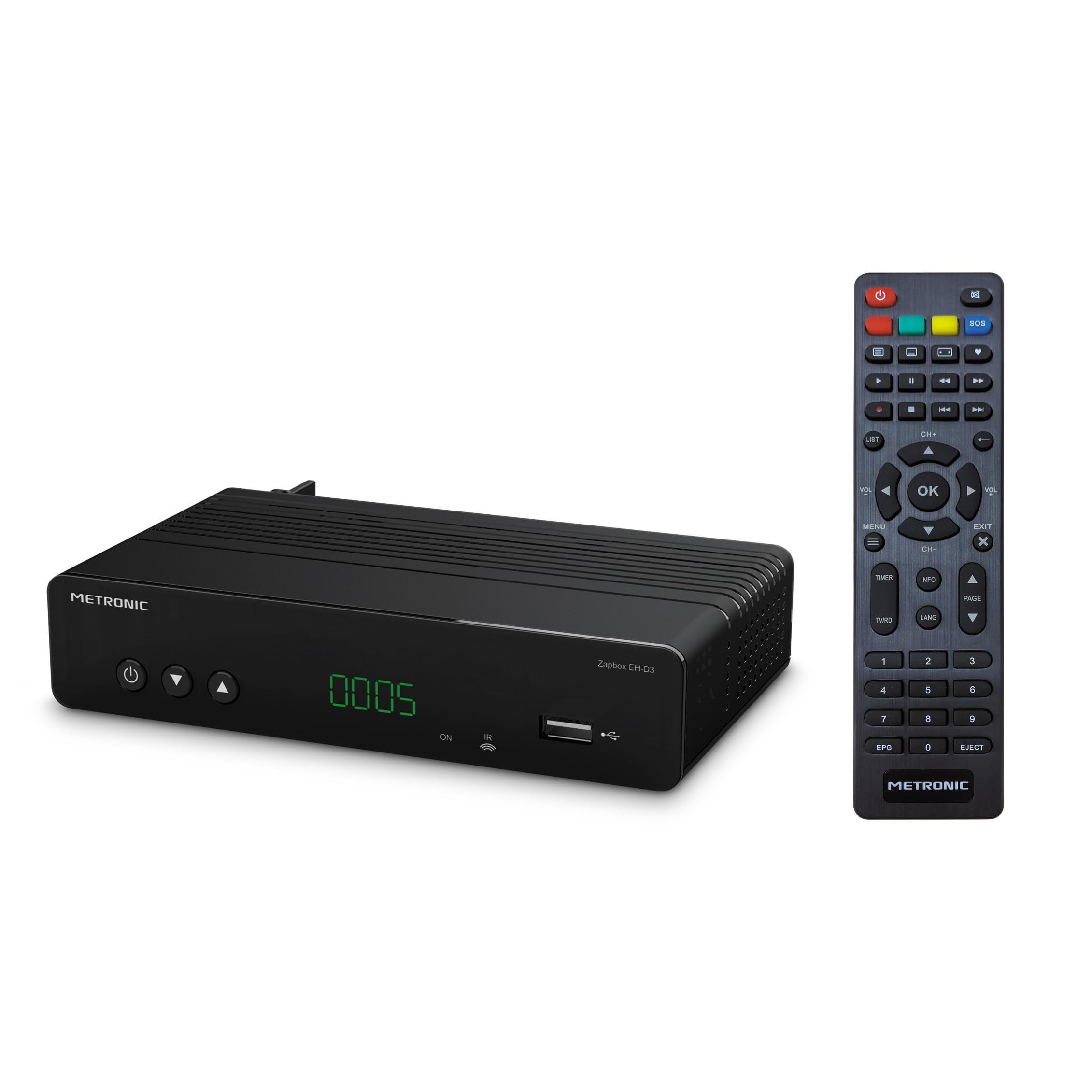 Metronic Décodeur TNT Double Tuner Zapbox EH-D3 HEVC pour TV et Antenne TNT, Full HD - HDMI, Péritel, USB, Ethernet avec Télécommande - 441622