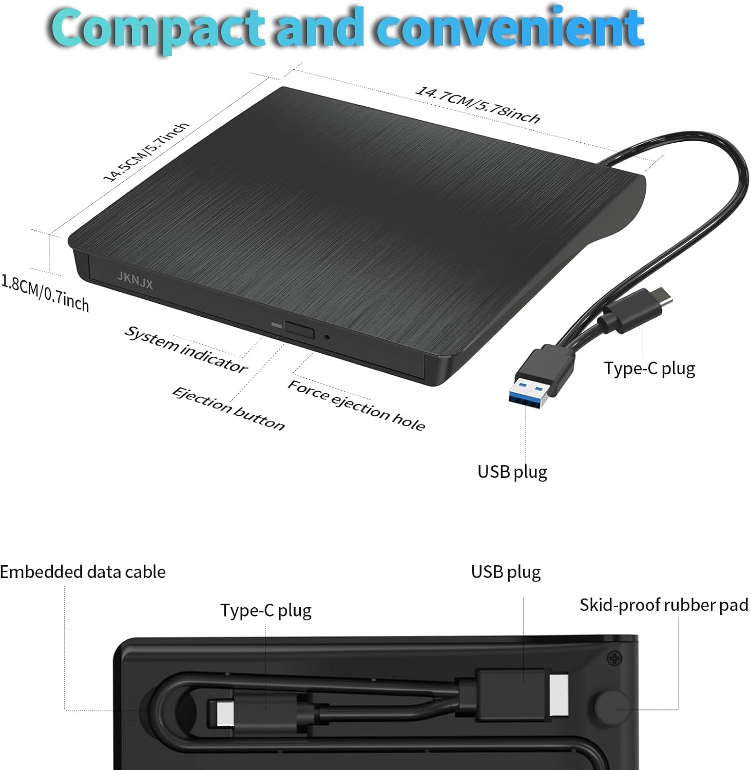 External CD DVD Drive,USB 3.0 and Type-C CD DVD Disc Reader Writer Burner Player,Slim and Portable CD DVD +/-RW Optical Drive for PC Laptop Desktop MacBook Mac Windows 7/8.1/10/11 Linux OS Apple — view 6