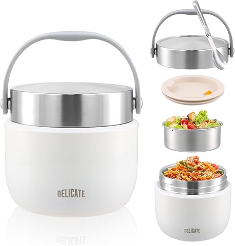 Recipiente Térmico para Comida 1200ml, Acero Inoxidable con Cuchara Plegable, Fiambrera Térmica con Compartimento y Tapa Hermética, Ideal para Sopa, Papilla, Oficina, Escuela, Viajes (Blanco)