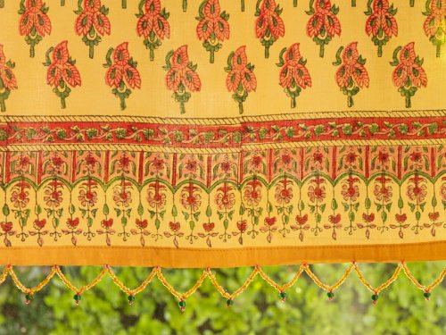 Saffron Marigold - Indian Summer - Orange Paisley Indian Sari Inspired Hand Printed - Beaded Sheer Cotton Voile Window Valance Curtain - Rod Pocket - (44 X 17 Inches) #TOP2