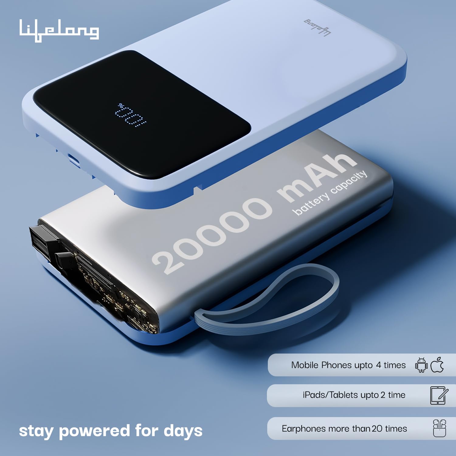 Lifelong Electronics 20000mAh 22.5W Fast Charging Power Bank | 4 Cables Attached – Type A + Type B + Type C + Lightning | for New & Old Devices | 4 Ports Available Too | Small Pocket Size Powerbank — Amazon image 4