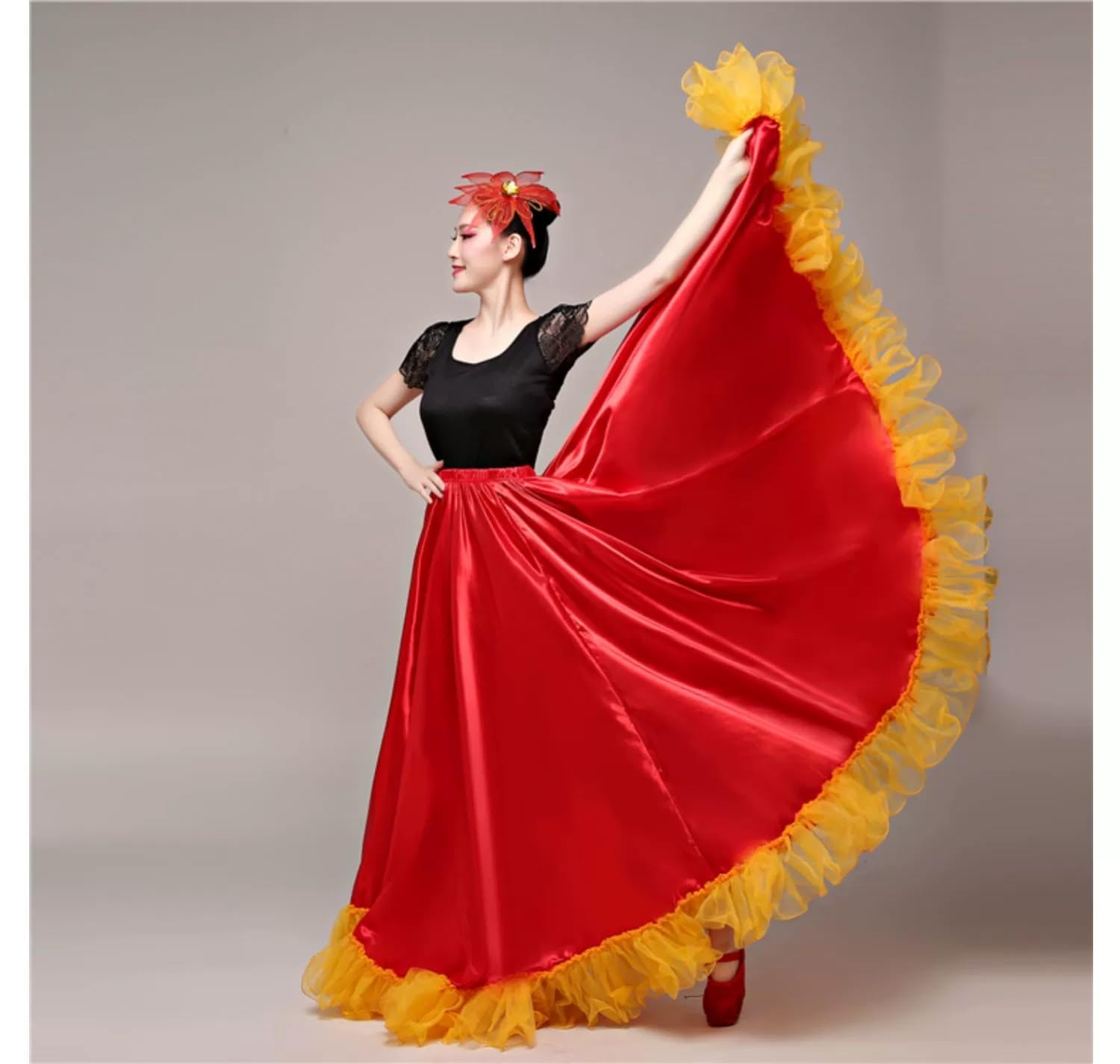 Damen-Abschlussball-Chiffon-Bauchtanzrock, Karneval, böhmischer Flamenco-Ballsaal, Stierkampf, Langer Swing-Rock,1 red 720°,One Size