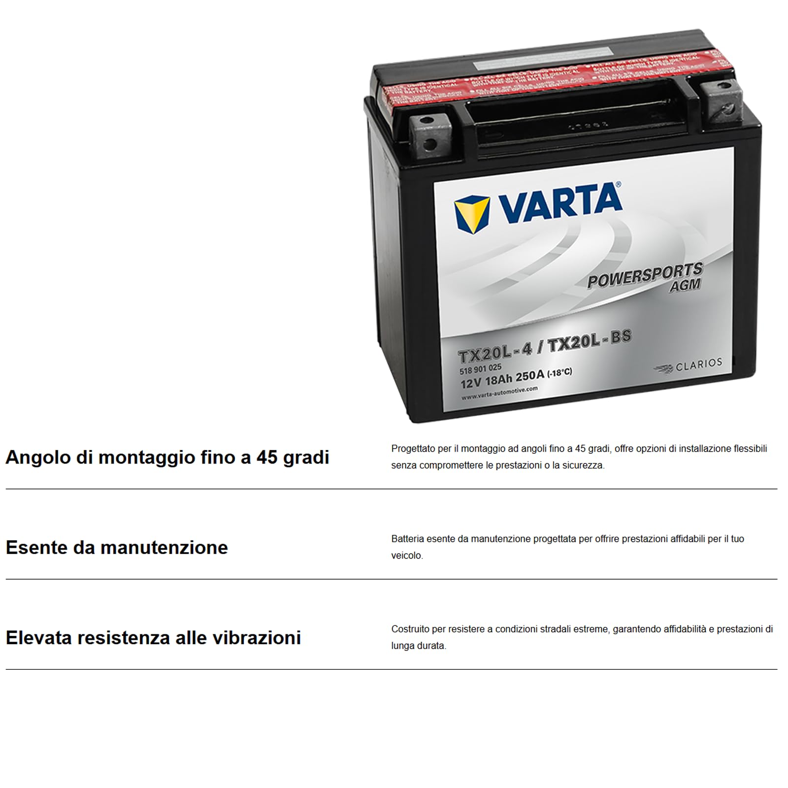 Akumulator motocyklowy Varta POWERSPORTS AGM 518 901 025-18Ah - SPunto 250A - TX20L-BS (TX20L-4) - YTX20L-BS (YTX20L-4) - FTX20L-BS (FTX20L-4) - 177mm X 88mm X 156mm