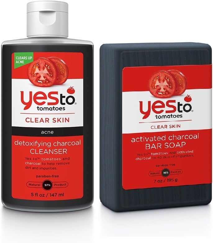 Yes To Tomatoes Charcoal Cleanser & Bar Soap Bundle with Rooibos Tea and Willow Extract, 5 fl. oz. and 7 fl. oz.