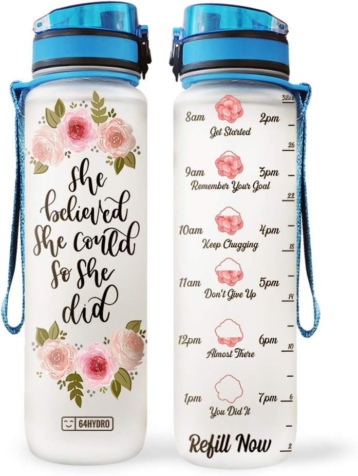 64HYDRO Rose Flower Water Bottles 32oz, Rose Flowers 1liter Water Bottle with Times to Drink, Inspirational Motivational Waters Bottle, Waters Tracker Bottles with Time Marker