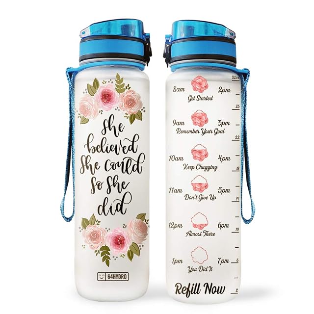 64HYDRO 32oz 1liter Rose Flower She Believed She Could so She Did Water Bottles with Time Marker Motivational