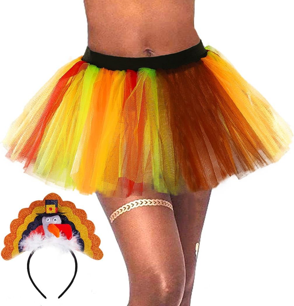 Thanksgiving Turkey Tutu for Women Adults Running Orange Brown Tutu Skirt Sequin Turkey Headband Costume Festival