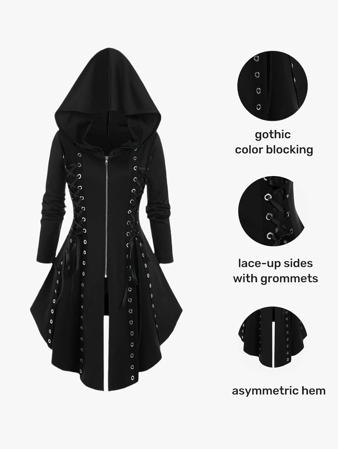 ROSE GAL Rosegal Womens Plus Size Hooded Lace-up Grommets Color Block Gothic Zip Front Asymmetrical Hem Long Sleeve Top