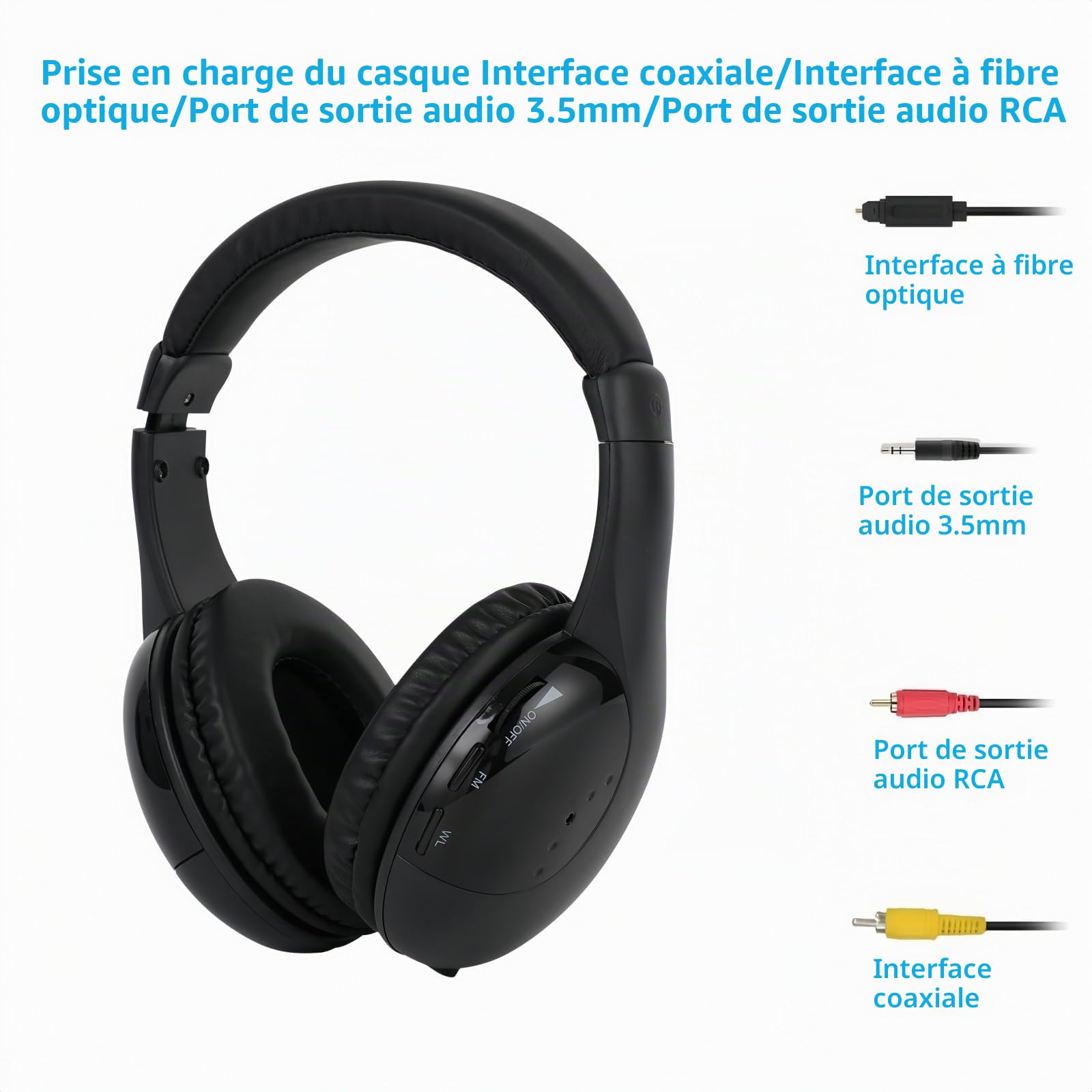 Casque TV sans Fil, Casque sans Fil avec Base éMettrice, Casque TV sans Fil avec Fonction Radio FM pour Personnes âGéEs, Prise en Charge des Ports De Sortie Audio RCA, Aux, Optique et Coaxial