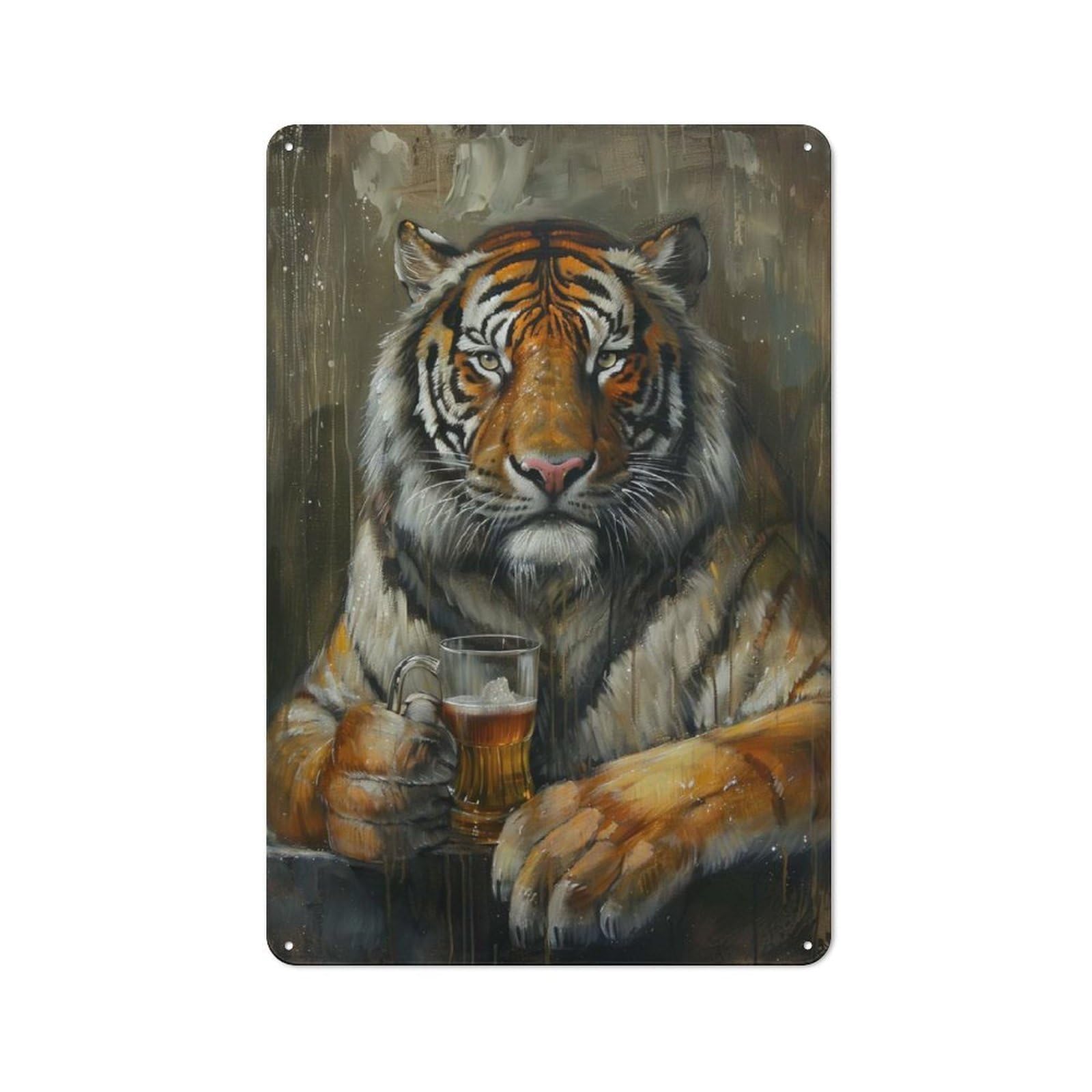 Retro Metal Plaque 30x20cm Featuring Beer Drinking Tiger for Home Bar Wall, for Room Styling Across Home Bars And Entertaining Spaces