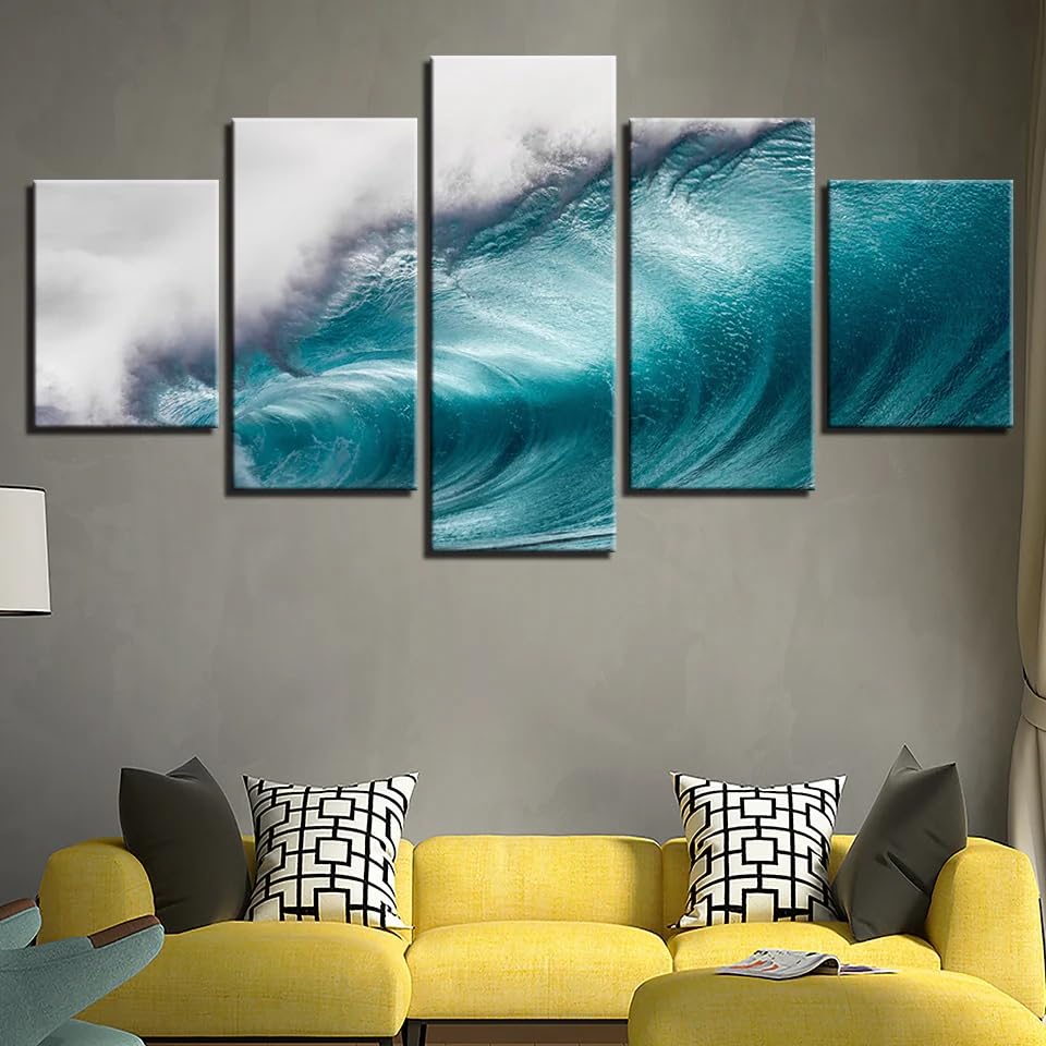 Toile marine decoration murale salon vagues ocean tableau 5 parties