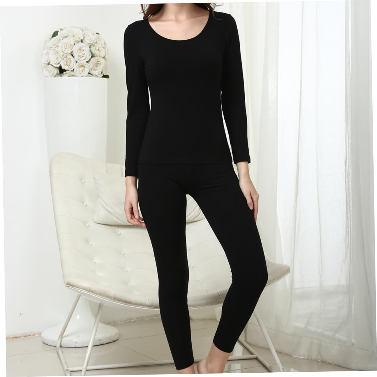 LIFKOME Warm Long Johns Suit Underwear Set Thermal Cotton Spandex for Indoor/outdoor Activities Black
