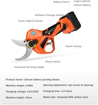 Cordless Electric Pruning Shears Cutting Times Indicator, 21V Professional Cordless Pruner Electric Pruning Shears Extension Pole, 54mm Cutting Diameter for Tree Branch Brushes