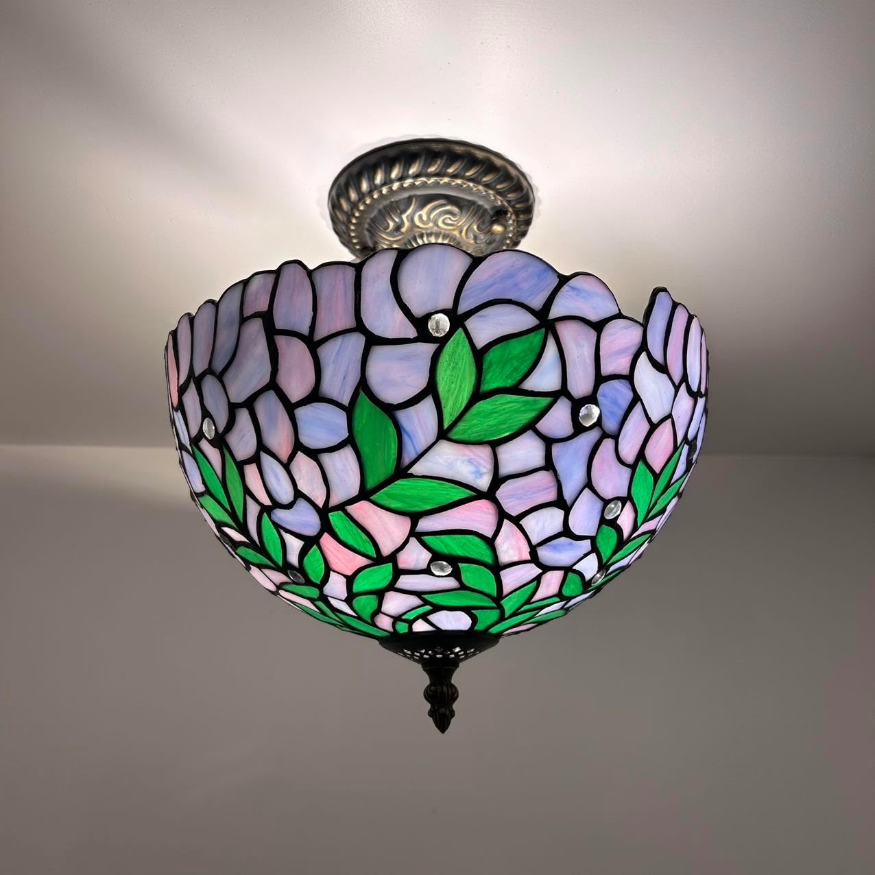 Tiffany Ceiling Lights Fixture Purple Stained Glass Green Leaves LED Bulbs Included for Living Room Bedroom Kitchen 12”W*12”D*12”H