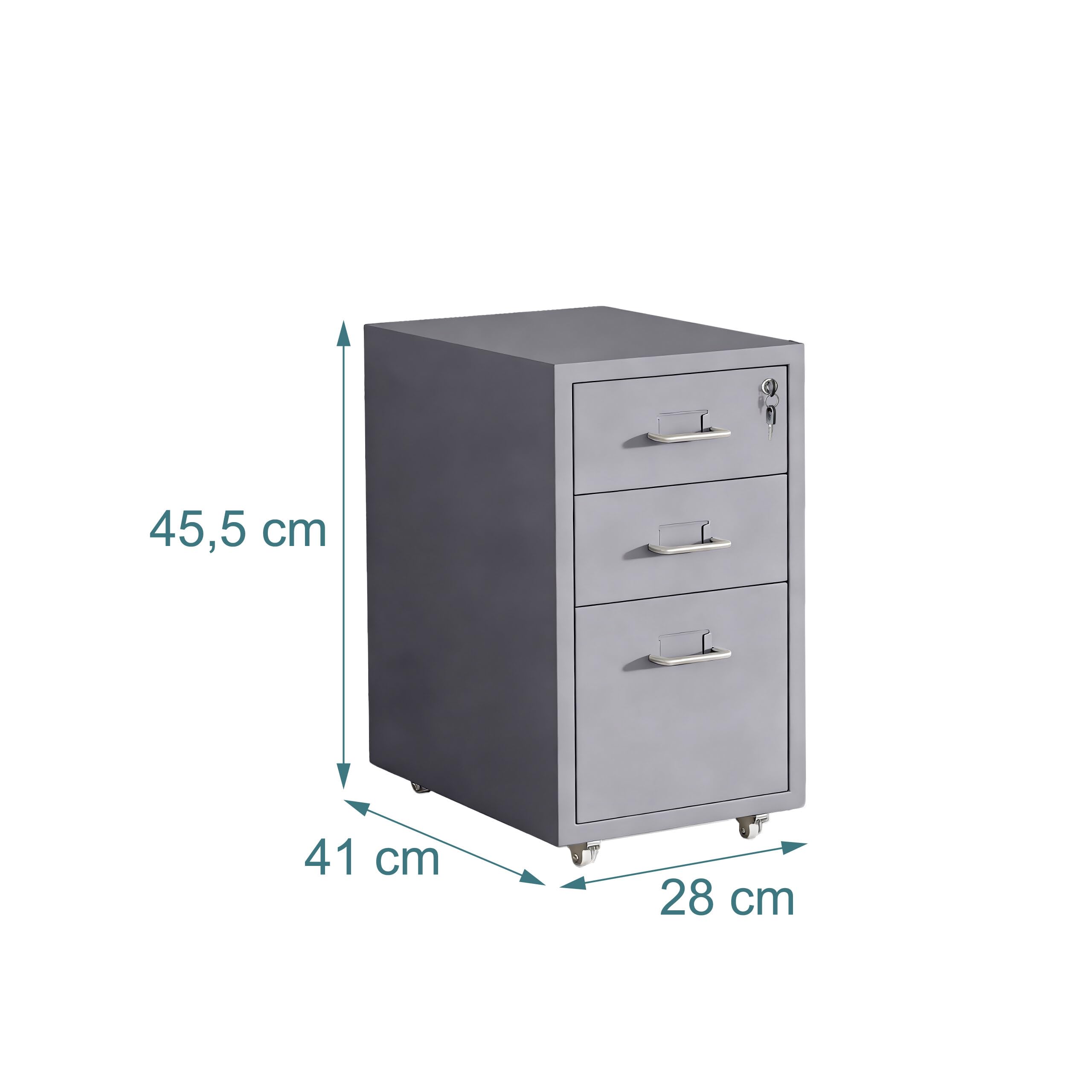 Relaxdays cassettiera su ruote, 3 cassetti, HxLxP: 48 x 28 x 41 cm, con serratura, metallo, grigio