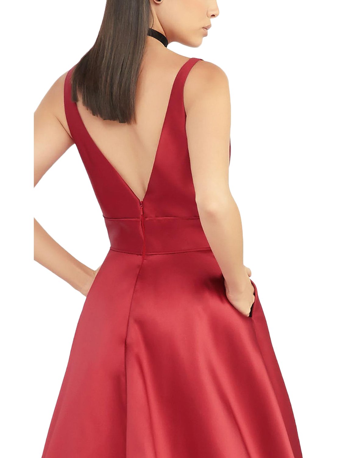 Vestido largo de graduación con bolsillos de satén con cuello en V profundo con inserto transparente sin espalda E158
