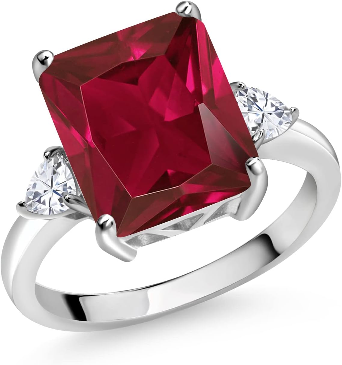 Gem Stone King 6.02 Cttw Red Created Ruby and White Moissanite 3 Stone Ring For Women | 925 Silver | Emerald Cut 12X10MM | Trillion 3.5MM | 3 Stone Wedding Engagement Anniversary Ring