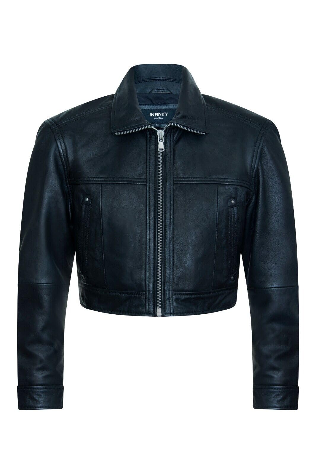 Womens Black Cropped Classic Biker Leather Jacket