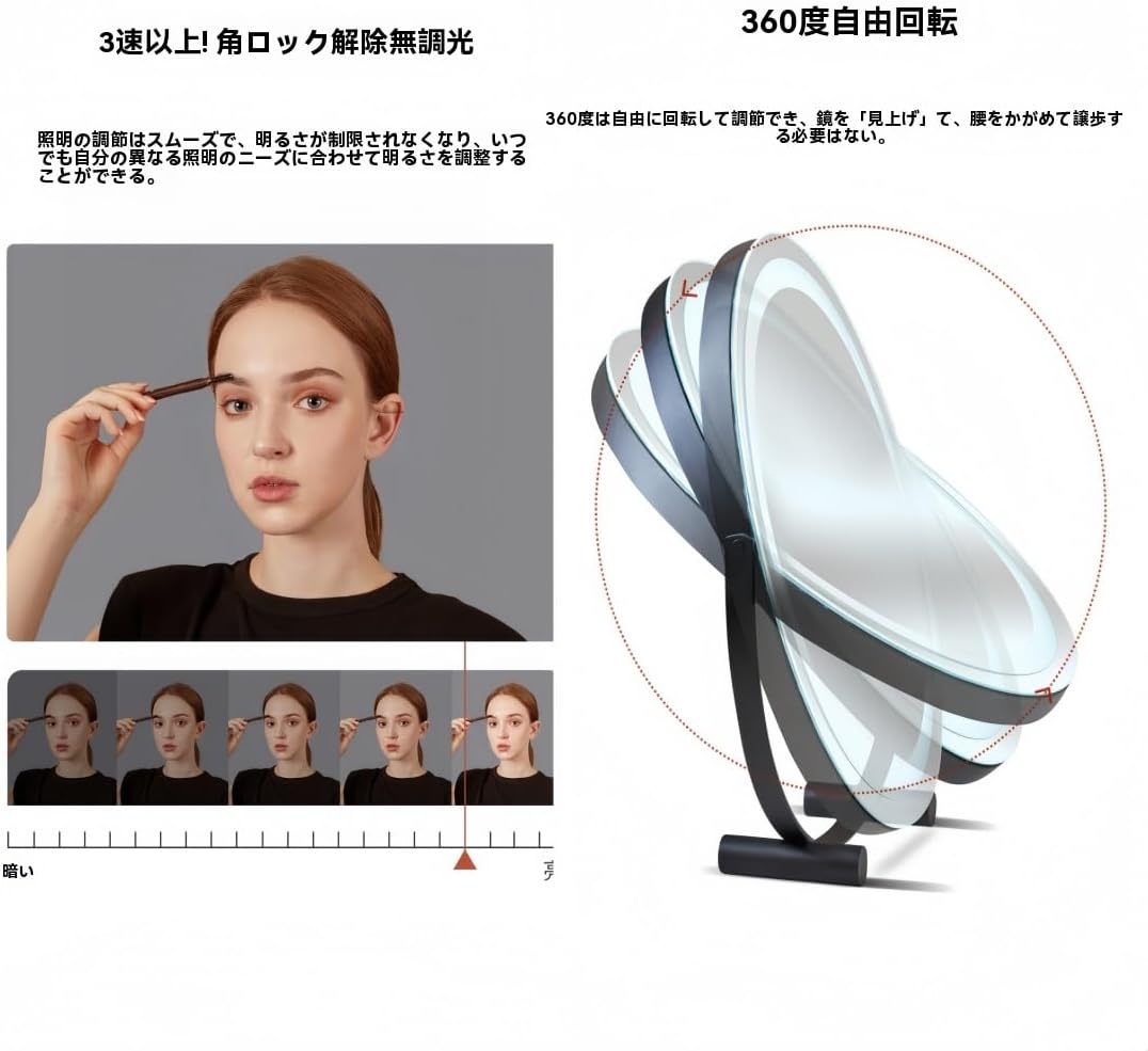 女優ミラー、ハリウッド【2025 新登場】スマートな卓上化粧鏡 LED用