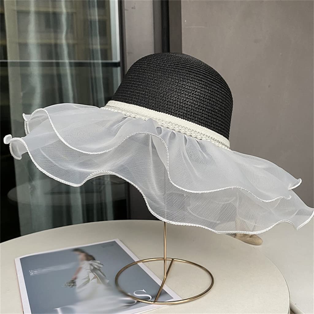 Sombrero de Playa de ala Grande para Mujer, Sombrero de sombrilla para Exteriores de Verano, Sombrero de Encaje para el Sol