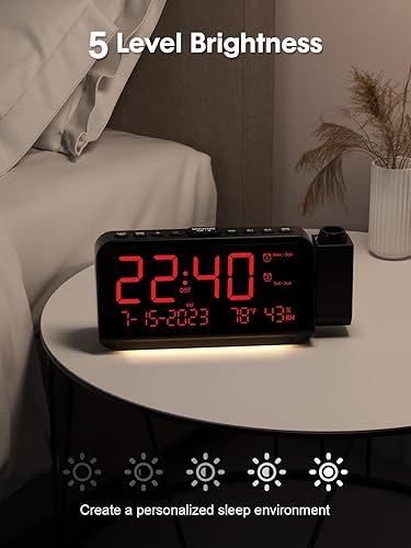 Miniatura 6 de ROCAM Reloj de proyección para dormitorio, reloj digital con proyector de 350 en la pared del techo con atenuador de 5 niveles, puertos USB, reloj