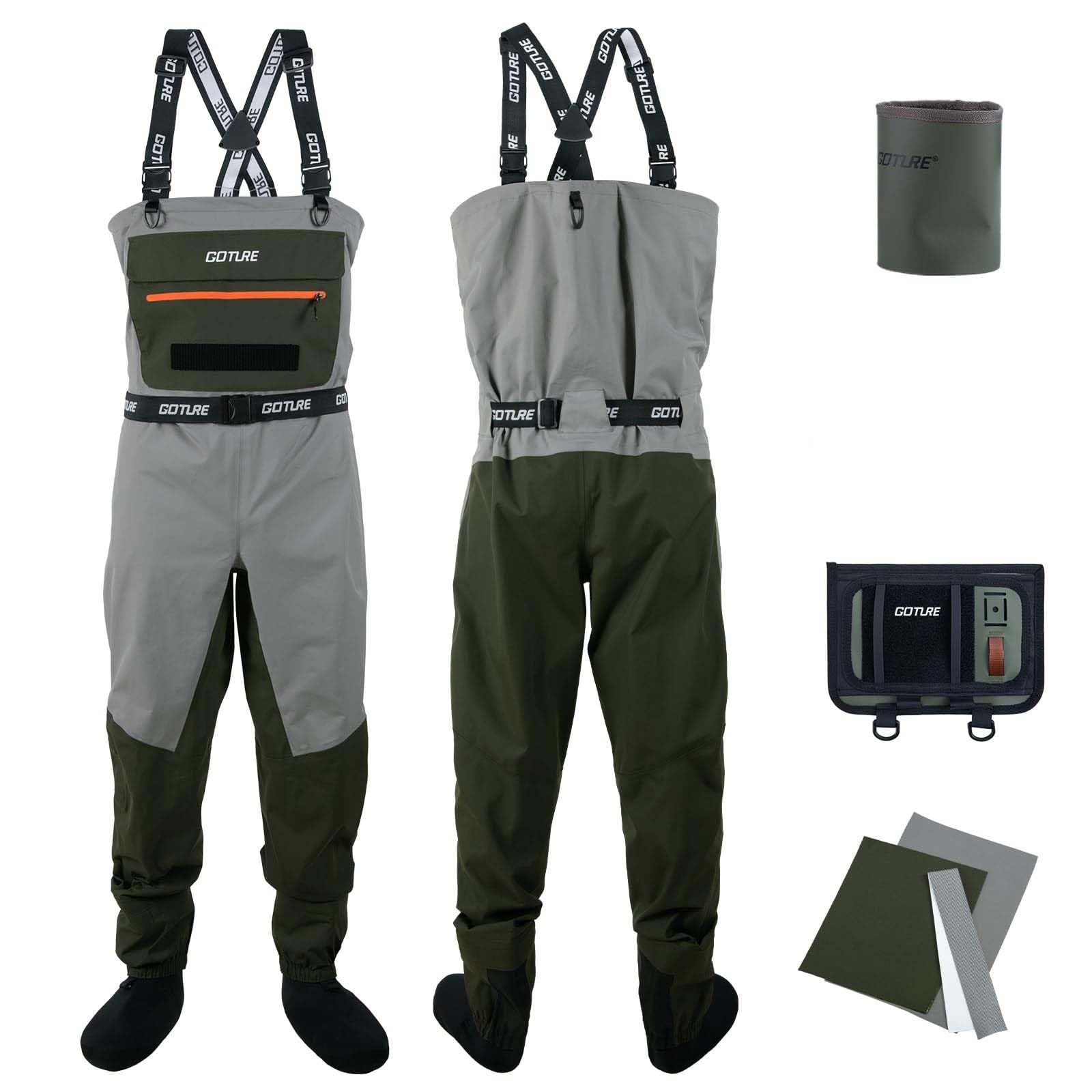 Goture Waders imperméables pour homme - Tissu respirant amélioré - Pantalon de pêche imperméable avec poche imperméable - Chasse - Pantalon de wading avec patch en tissu respirant - Accessoire de