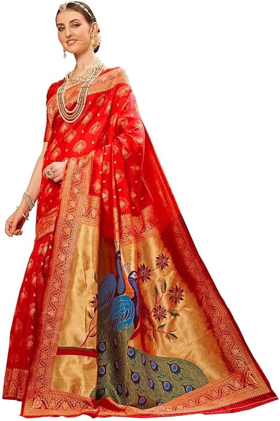 Women's Paithani Silk Blend Woven Saree With Blouse Piece, Candy Red, One Size