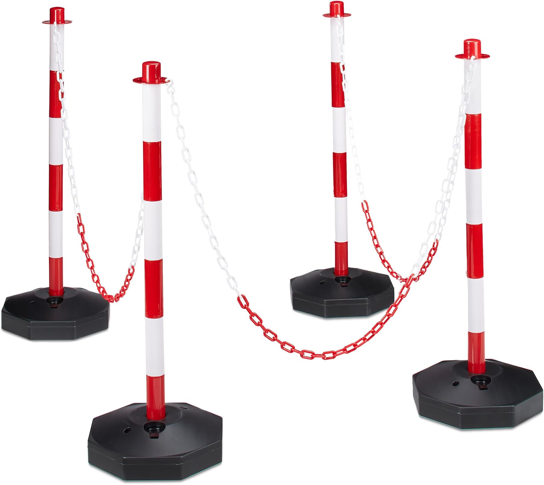 Relaxdays 4 Parking Barriers, Size: 82 x 112 x 28 cm Chain Barrier Made of Plastic w/Practical Chains to Save Parking Spaces w/Sturdy Base to Fill w/Water or Sand, Red/White