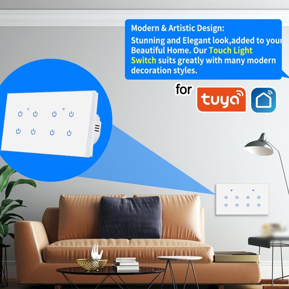 Interrupteur mural WiFi intelligent, écran tactile 5/6/8 interrupteurs avec verre trempé, commande vocale pour Smart Life et pour tuya App domotique (wifi5)