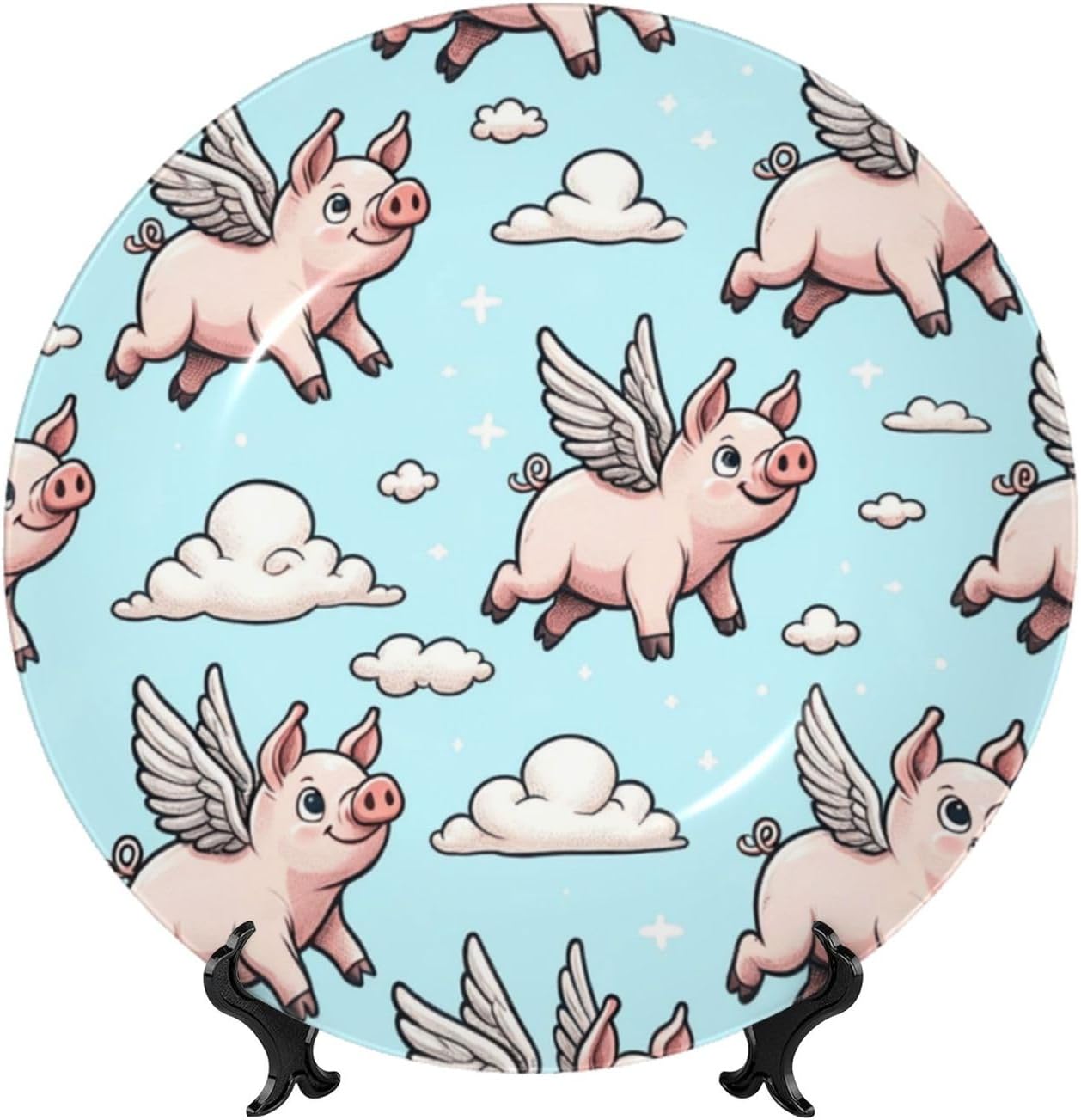 Flying-Pigs-Blue-Sky 10 Inch Decorative Plate With Stand, Elegant Display Wall Plate For Home Decor