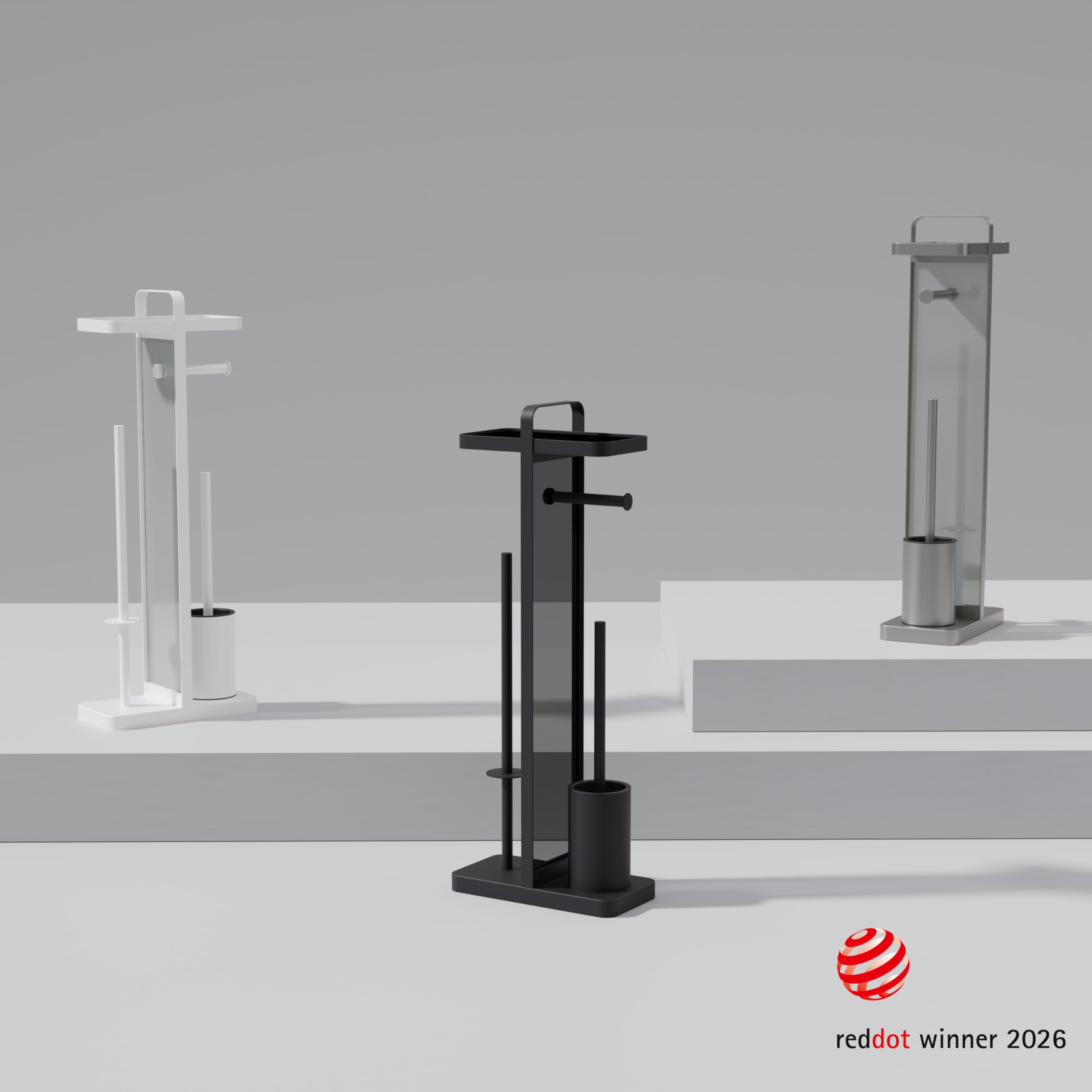 ovimar 4-in-1 Stand WC-Garnitur Tuapaat in Silber | WC Bürstengarnitur mit Silikonbürstenkopf, WC Rollenhalter, Ersatzrollenhalter und Smartphone Ablage | platzsparend | Badezimmer Organizer Edelstahl