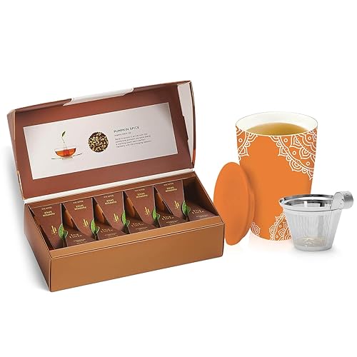 Tea Forte Juego de iniciación de especias de calabaza, caja de presentación pequeña + chakra de la taza Kati, juego de regalo con infusor de té con