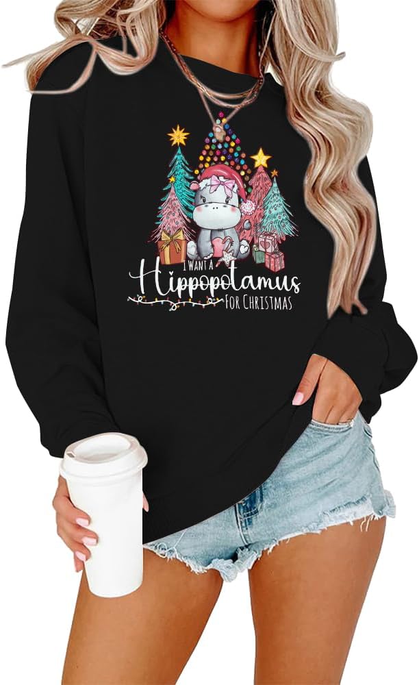 KNEYATTA Christmas Sweatshirt Women I Want A Hippopotamus for Christmas Shirt Funny Hippo Graphic Xmas Casual Tee Tops