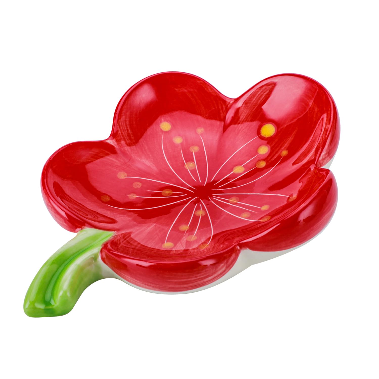 HuaLiSiJi Ceramic Soap Dish with Flowers Ceramic Soap Dish Leaf with Drainage for All Common Sizes Solid Soaps (Red)