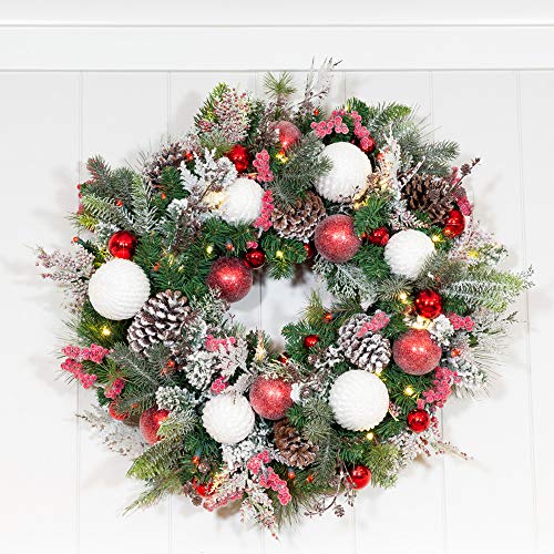 [30 Inch Artificial Christmas Wreath] - Frosted Wonderland Collection - Red White Decoration - Pre Lit With 50 Candy Cane Colored Led Mini Lights - Includes Remote Controlled Battery Powered Timer #TOP7