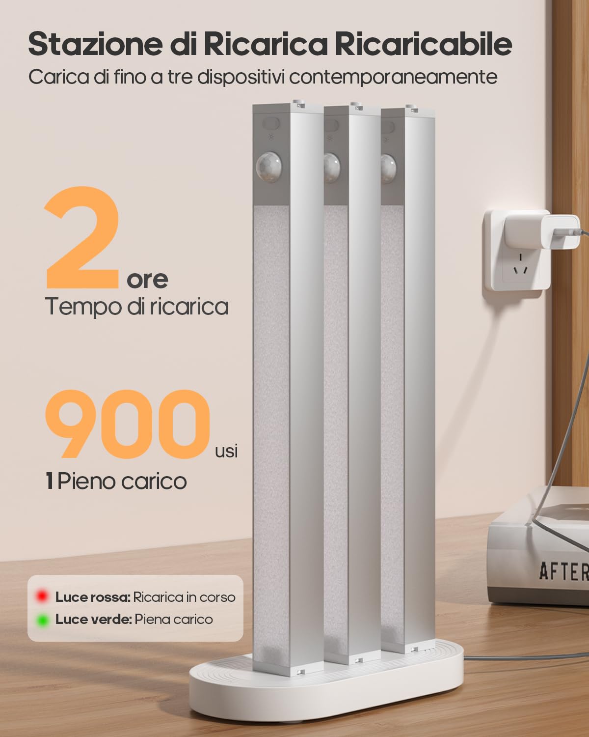 GOODEA Alluminio 6 Dimming Luce Armadio LED Ricaricabile 18cm Senza Fili con Stazione di Carica Barra LED Luce Armadio con Sensore di Movimento luce notturna per Armadio da Lingerie