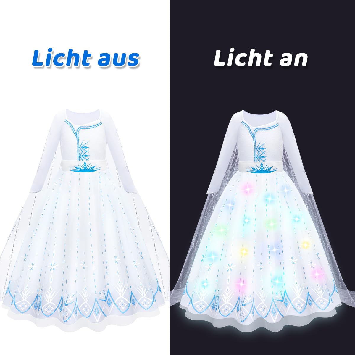 WIKITOT Vestito da principessa luminoso, 9 pezzi, da principessa con mantello, per 3-10 anni, costume di carnevale per bambini, per carnevale, Halloween, compleanno, cosplay