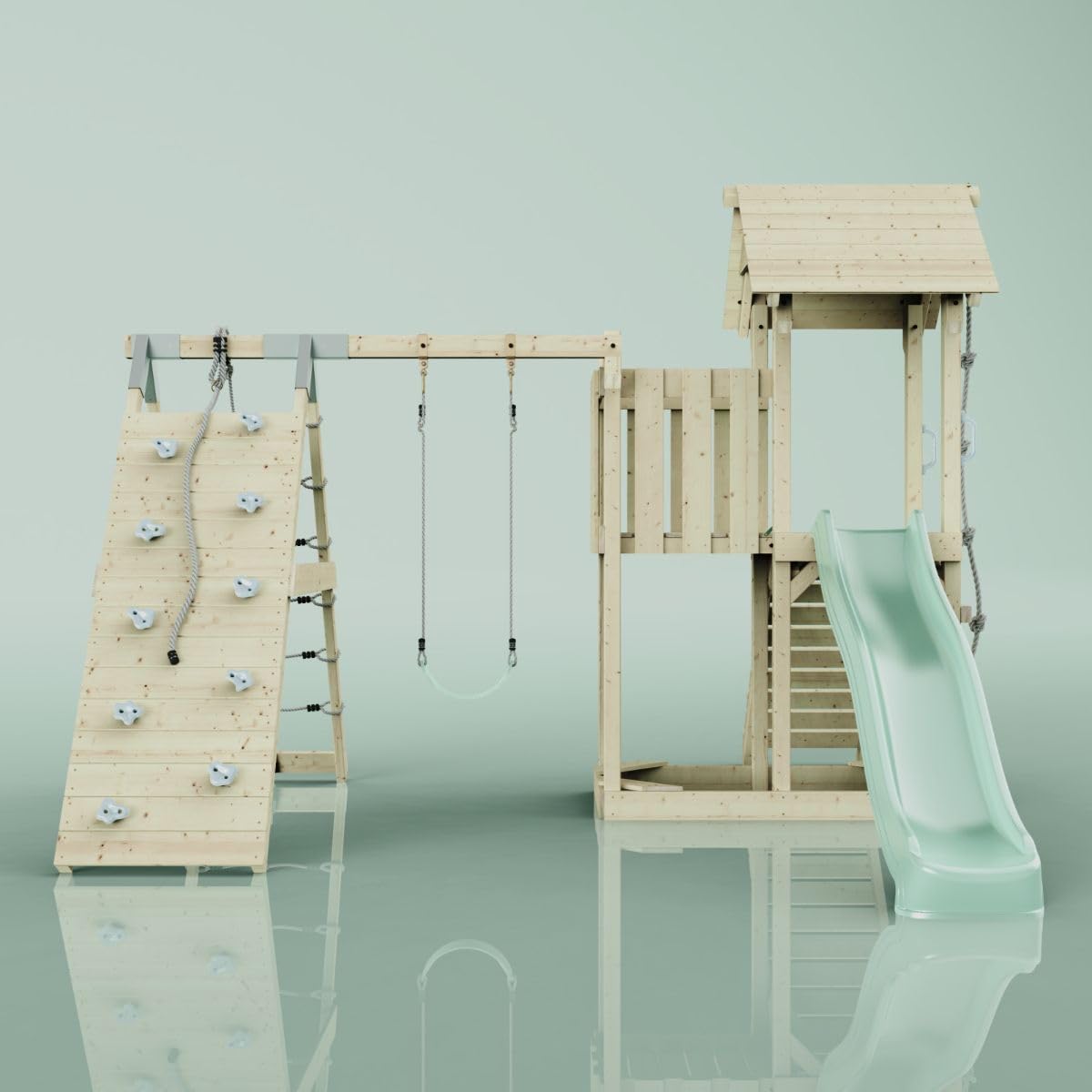 ReboOutdoor Spielturm mit Wellenrutsche, Klettergerüst mit Kletterturm, Kletterwand und Klettwernetz,Mintgrün