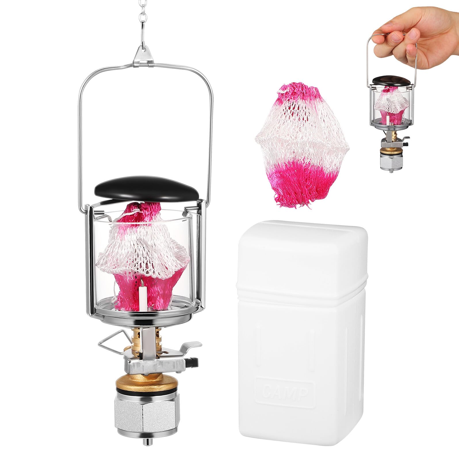Lampe à Gaz Portative Compatible avec Réservoirs à Gaz Filetés pour Camping Extérieur en Cuivre et Nylon avec Éclairage Puissant Set Complet pour Randonnée