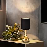 Lampe de table moderne Mid Century Gold, 17.3" Petit éclairage de bureau avec base de gouttelettes en métal laiton, noir Cylindre Drum Shade, Lampe de chevet pour chambre Salon Bureau