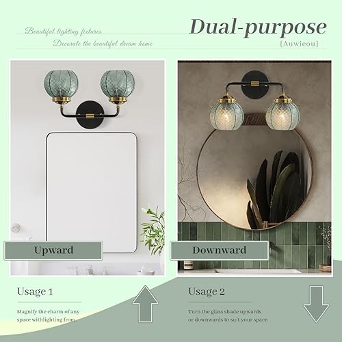 Miniatura 2 de Aplique de pared de baño de 2 luces negras con pantalla de vidrio verde claro con pantalla de vidrio acanalado, luz sobre espejo para dormitorio,