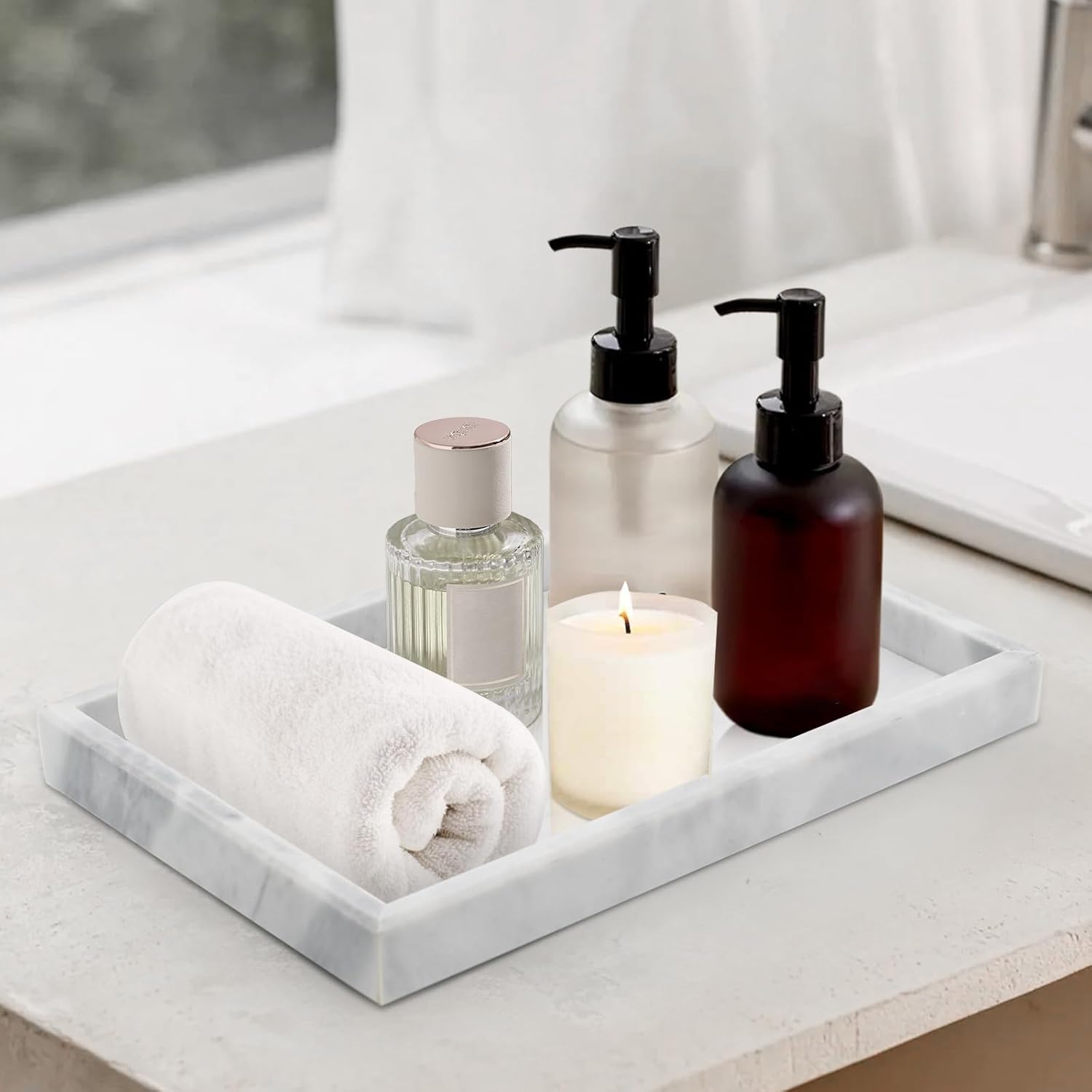 Marble Tray & Soap Dish Set, 2-Piece Bathroom and Vanity Organization, Elegant Marble Bath Accessories for Modern Home Decor, Soap Holder and Tray for Sink Countertop