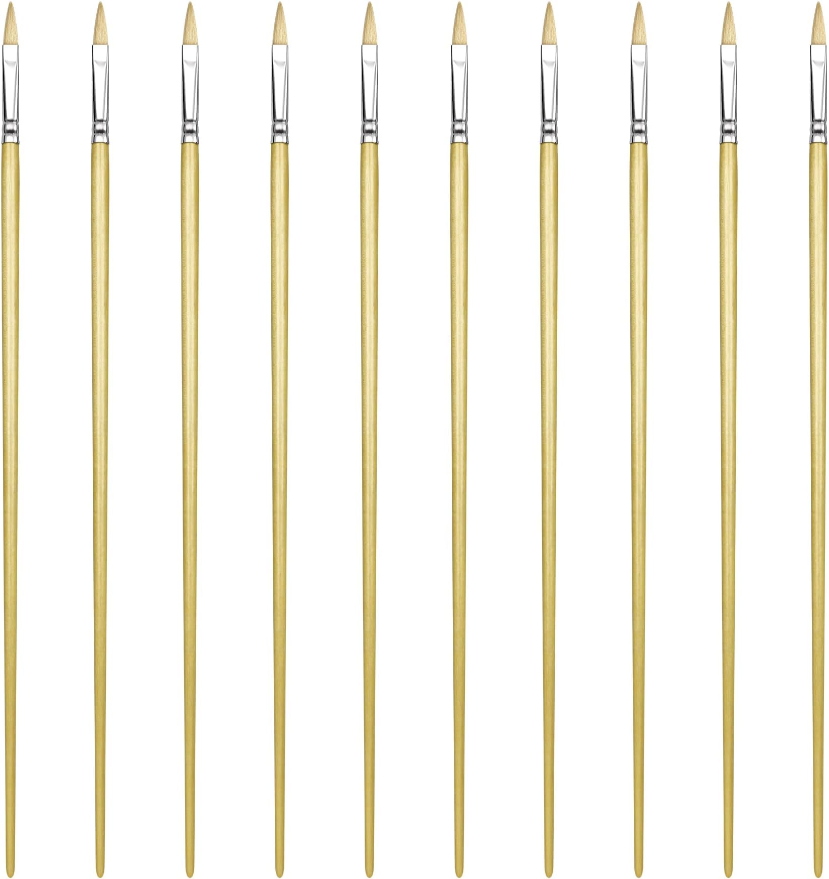 Filbert Artist Paint Brush 10 Piece Set Medium Stiff Pure Hog Bristle Extra Long Handle #0, Acrylic Oil Watercolor