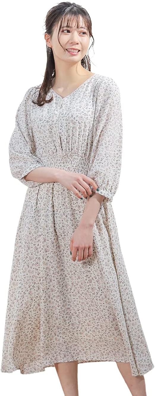 Amazon Co Jp ワンピース ロング丈 ７分袖 ｖネック ボタン パイピング 小花柄 おしゃれ レディース 春 Honeys ハニーズ ｖネックワンピース 服 ファッション小物