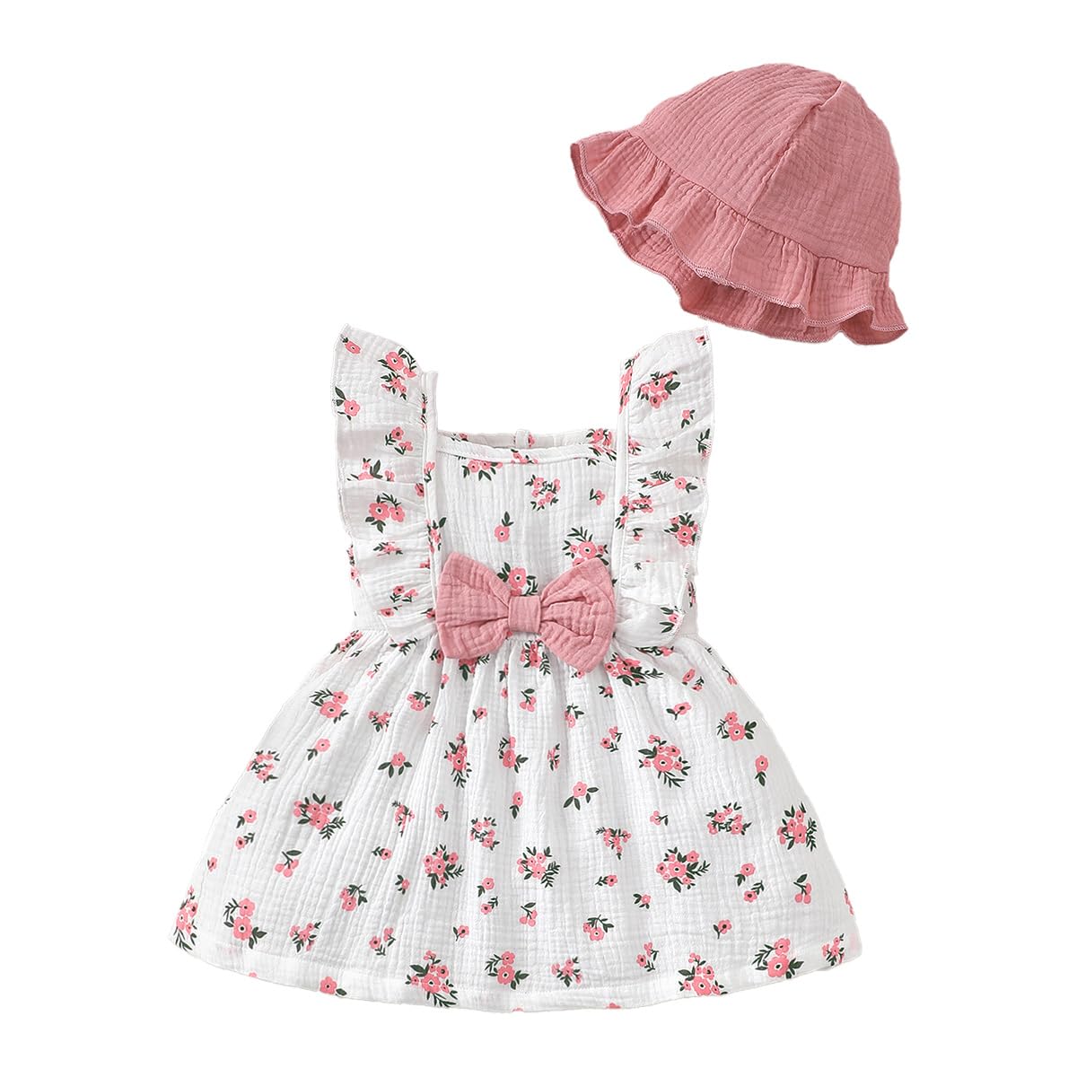 Ensembles Robes et Chapeaux pour Petites Filles Manches à Volants Imprimée Cœurs/Fleurs Robe en Coton et Lin Fille Tenue Printemps et Été Vêtement