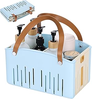 Portable Shower Caddy Collapsible Plastic Shower Basket Tote with Handles Removable Divider, Cleaning Caddy Storage Organizer for Bathroom College Dorm (Blue)