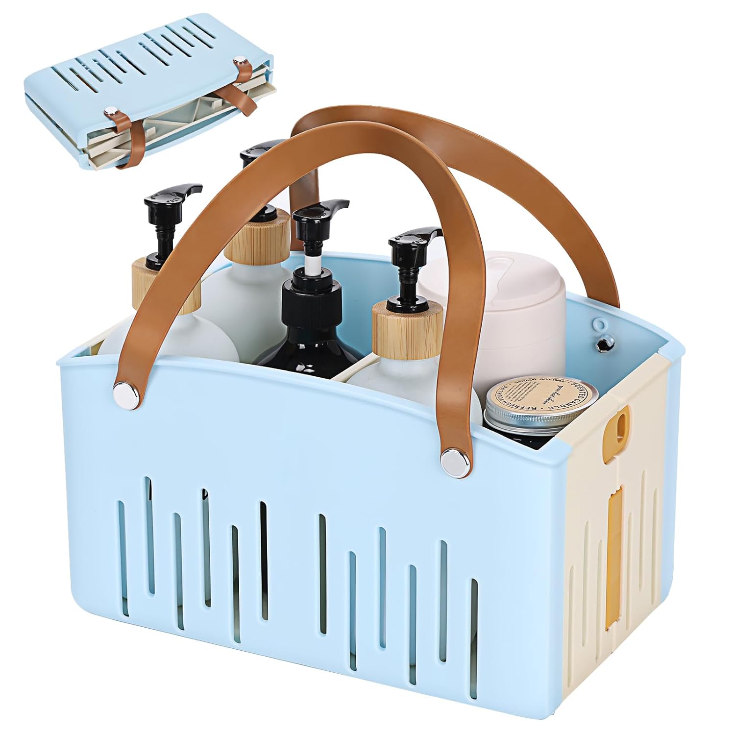 Homiton Portable Shower Caddy Collapsible Plastic Shower Basket Tote with Handles Removable Divider Cleaning Caddy Storage Organizer for