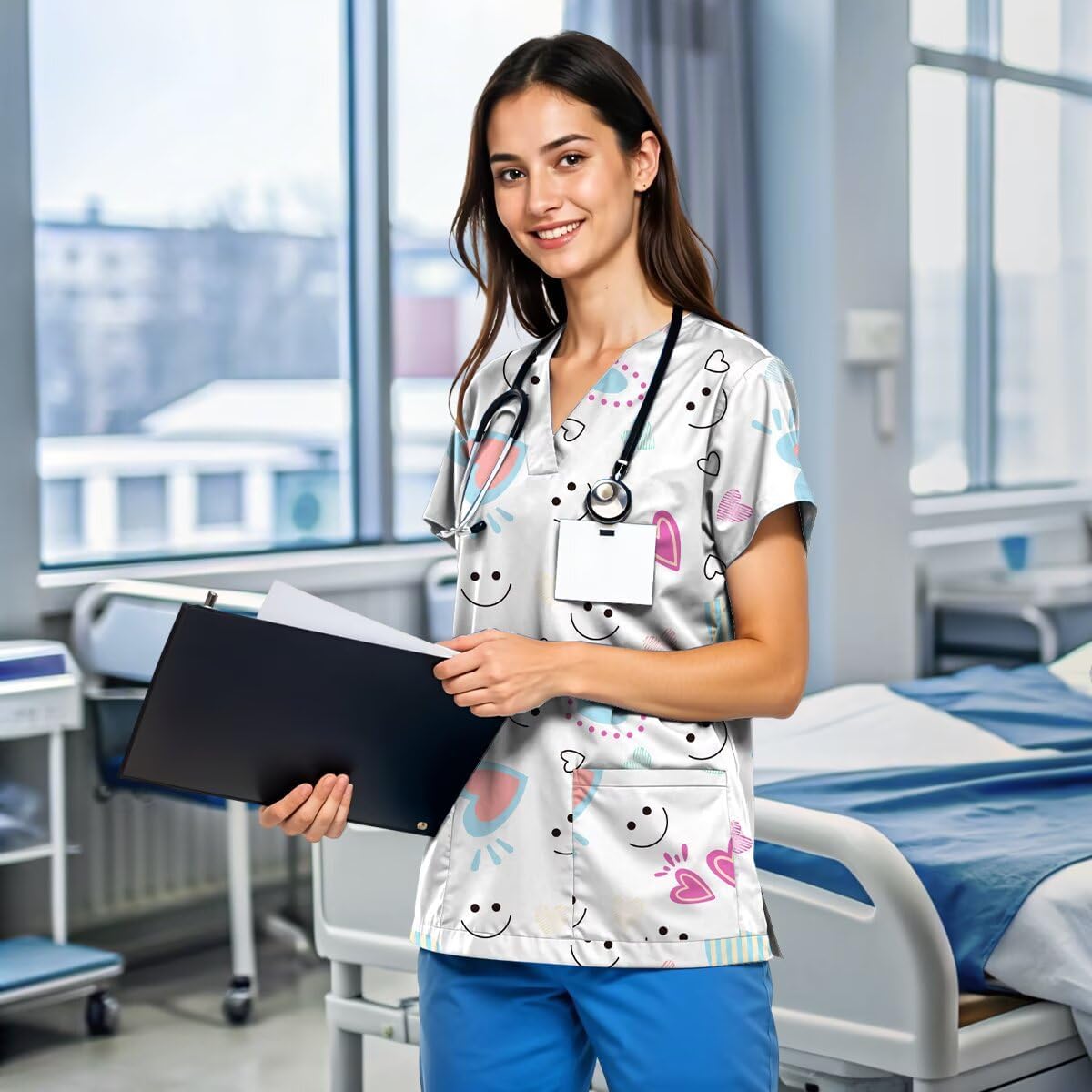 VillbeCoser Cute Printed Scrubs for Women V Neck Scrub Top Nurse Shirt